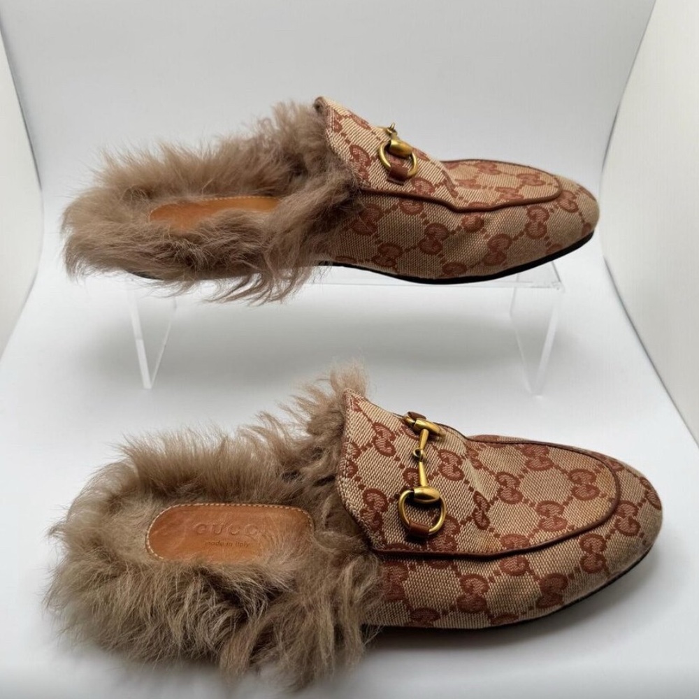 💯GUCCI Monogram Brown and Gold FUR Loafers - Picture 6 of 9